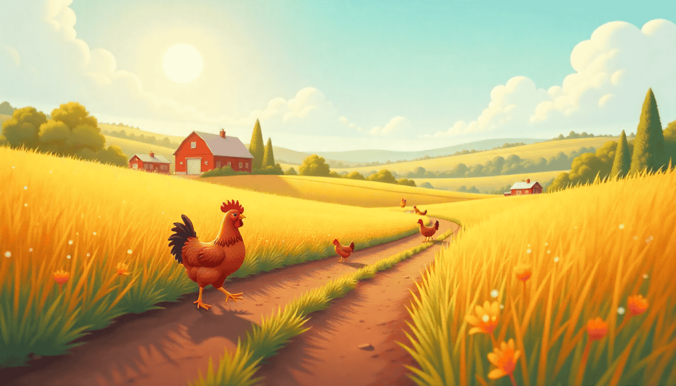 A vibrant rural Indian scene with chickens and a farmer